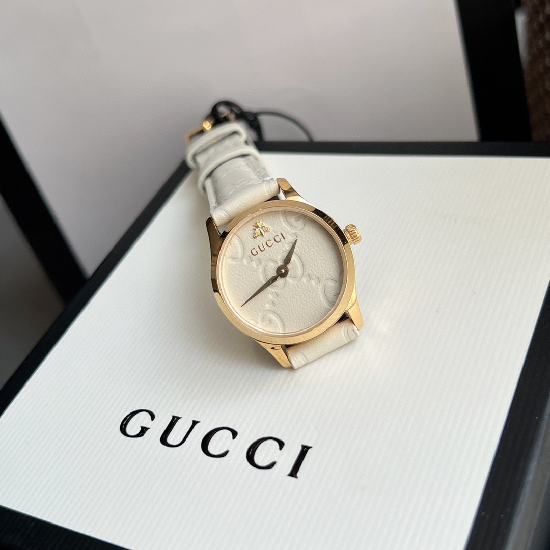 [TOP] GUCCI G-Timeless Lady Watch Leather 28mm - White & GOLD