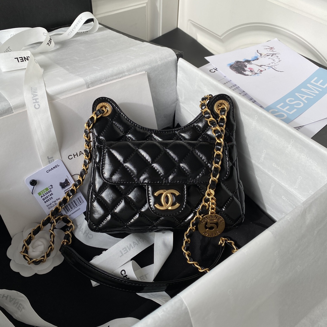 [TOP] CHANEL Wax Skin Hobo Bag 17×19×6cm/21.5×22.5×7cm - GHW - Black