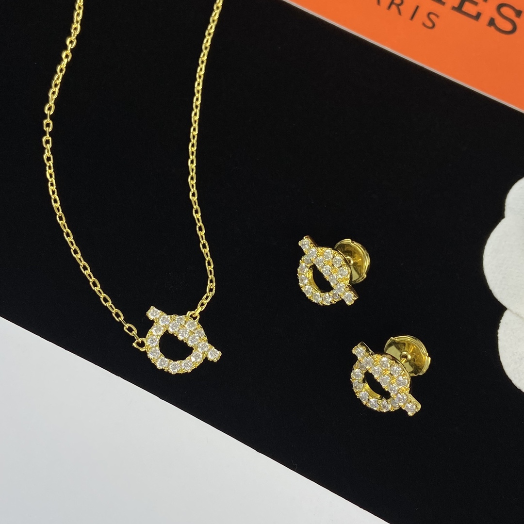 [TOP] HERMES Necklace Earrings Bracelet Ring Set - Gold