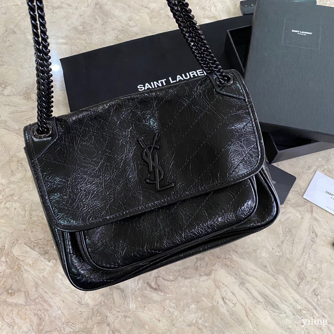 [TOP] Yves Saint Laurent YSL Medium Niki Wrinkles Leather Bag - Black on Black