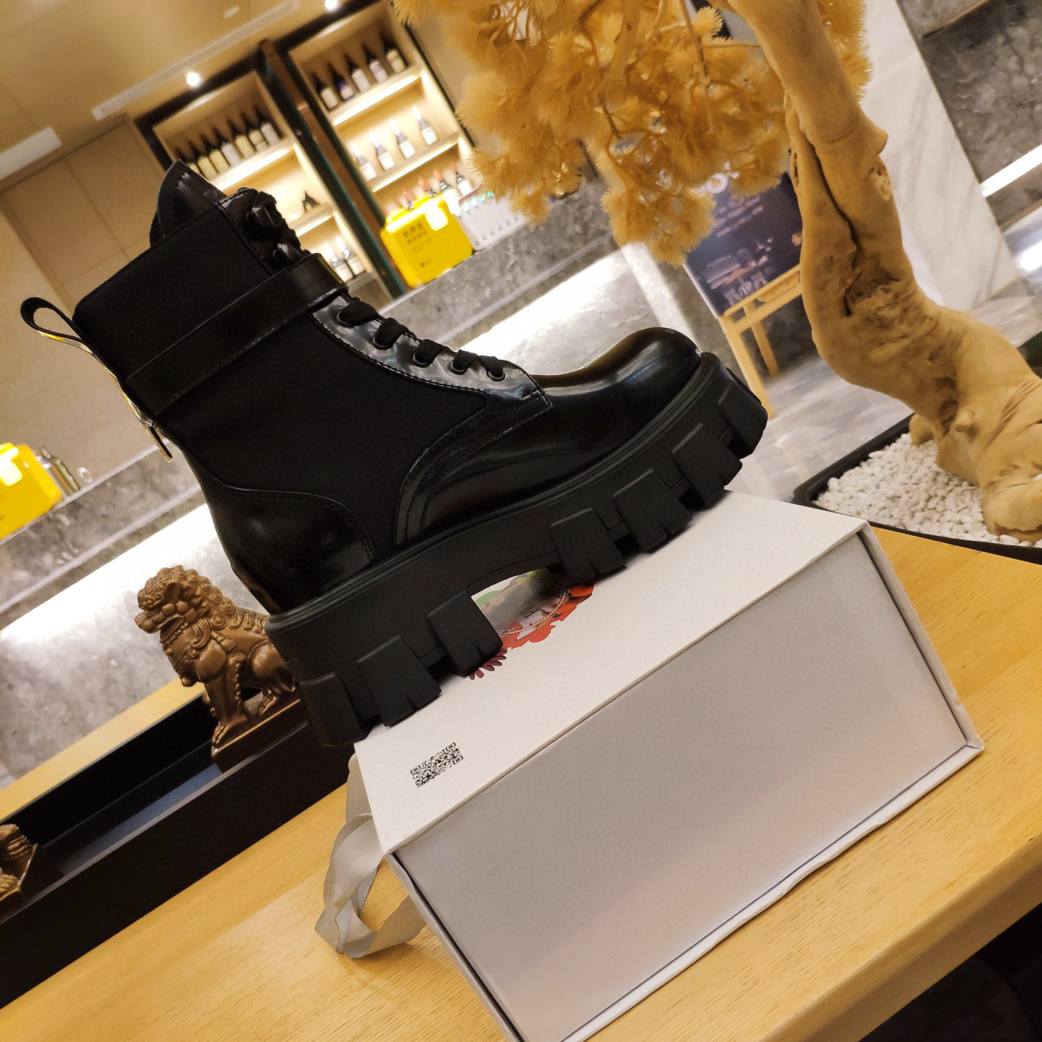 [TOP] PRADA Monolith Patent Leather and Nylon Ankle Boots With Small Bas - Black