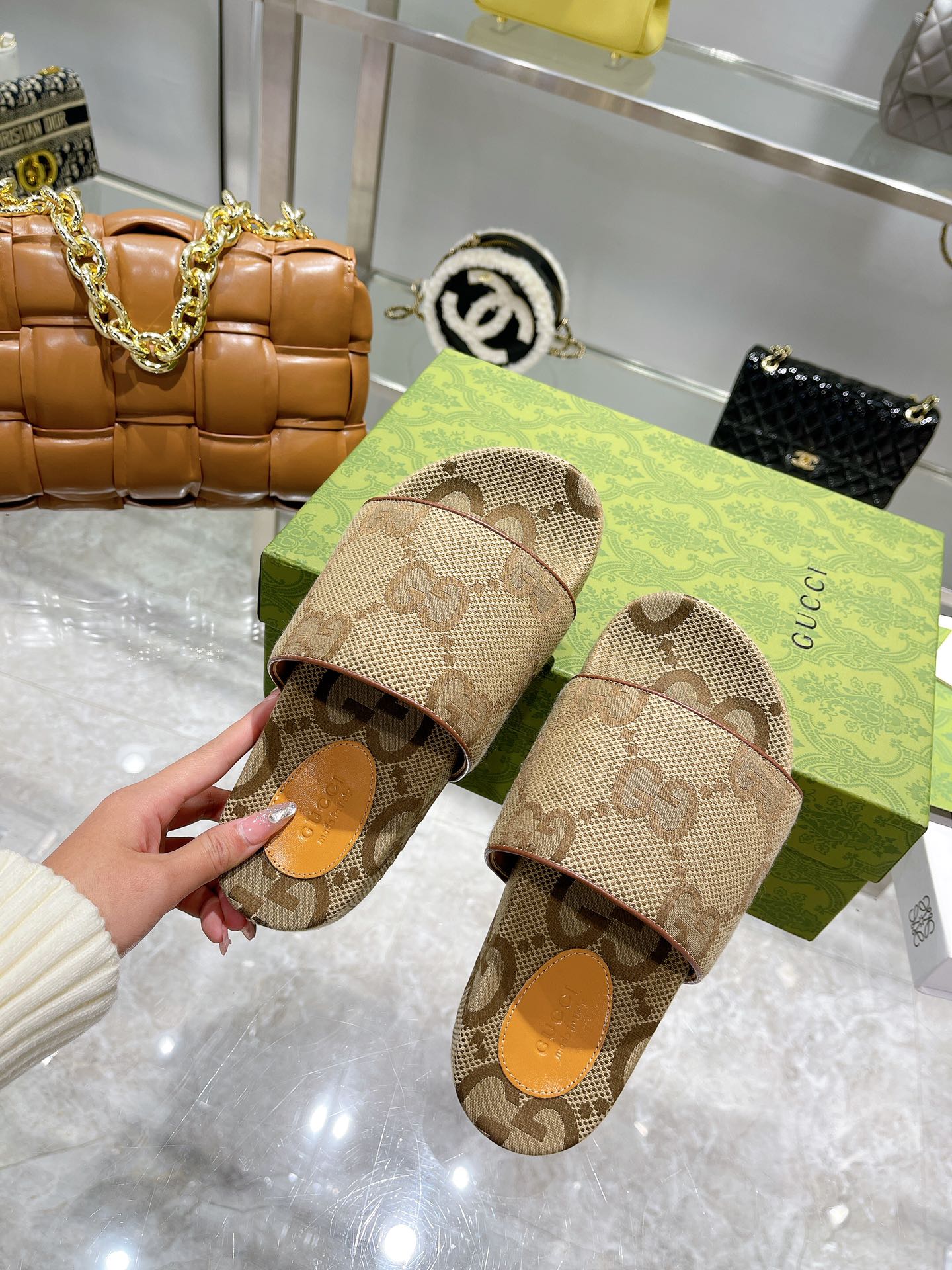[TOP] GUCCI G*G Sideline Monogrammed Canvas Slides - Brown
