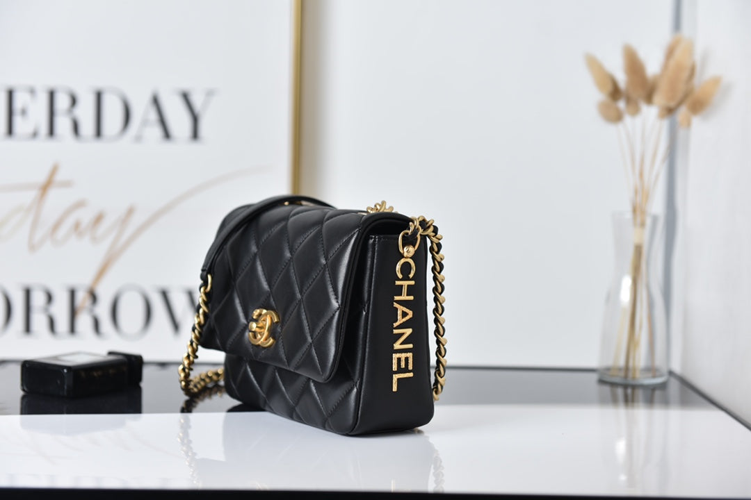 [TOP] CHANEL Flap Bag Side Logo w Chain Mini  - Black
