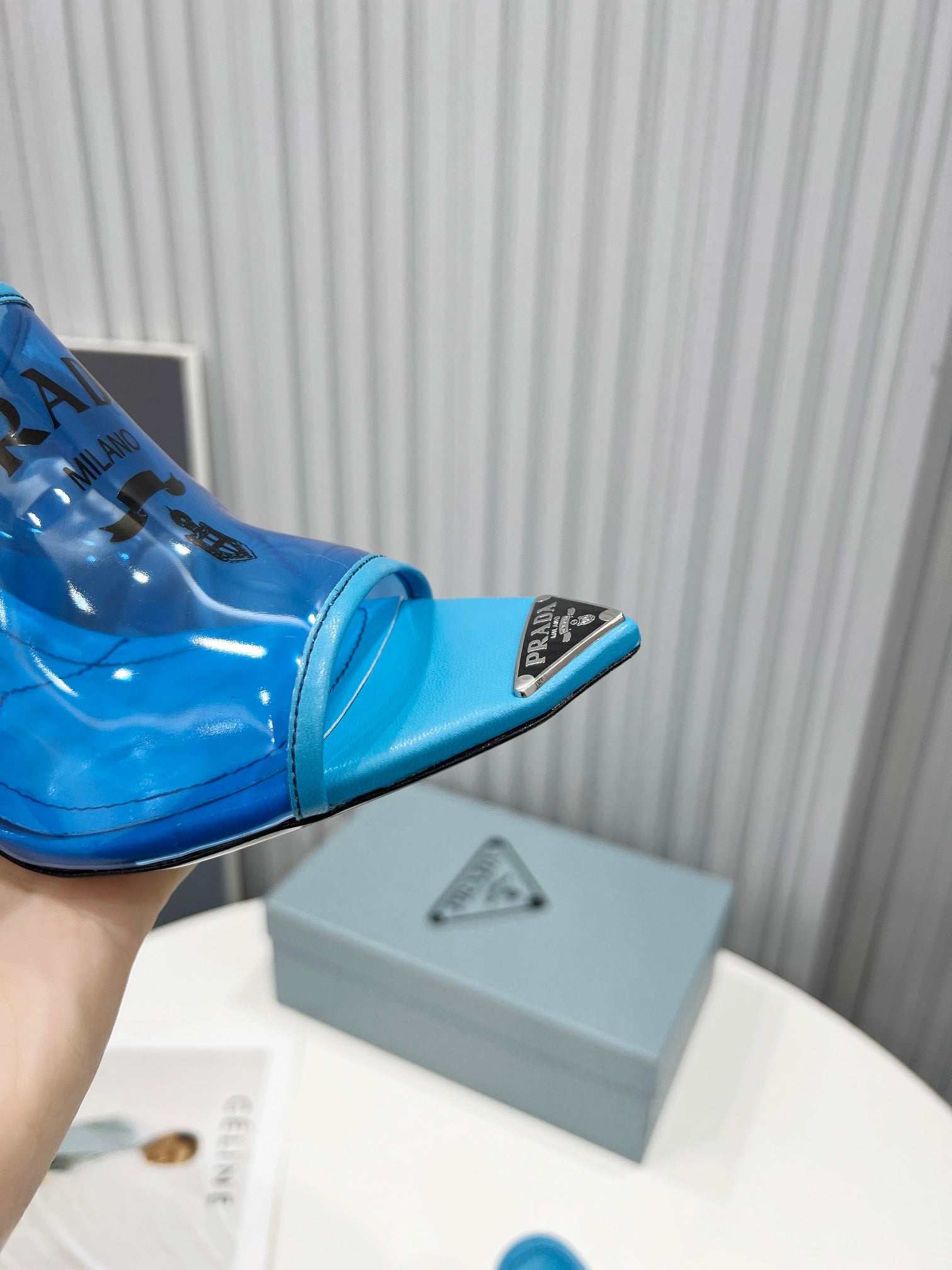 [TOP] PRADA Logo-print Plexiglas High-heel Slides - Blue