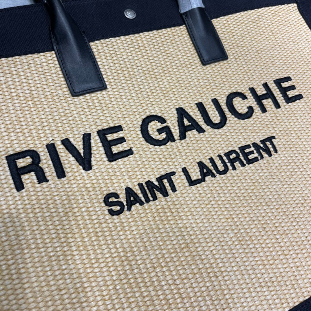 [TOP] Yves Saint Laurent YSL Rive Gauche Straw Tote Bag - Black