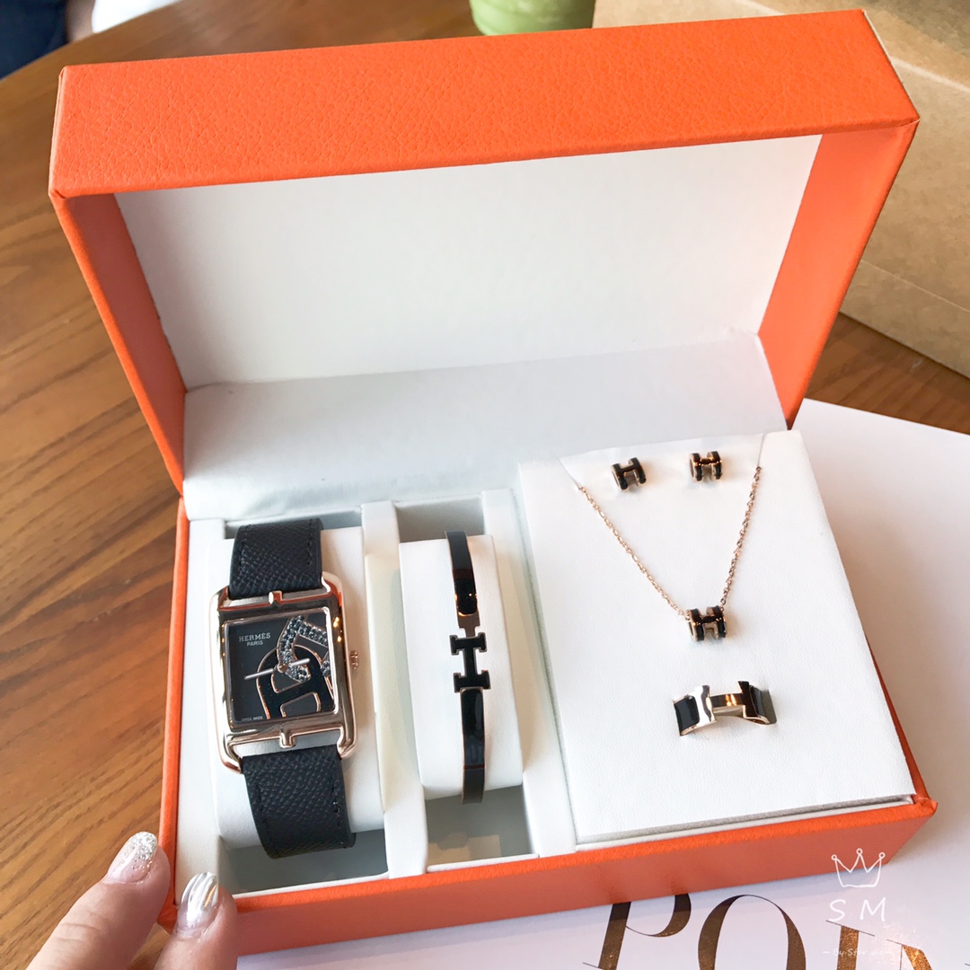 [TOP] HERMES H Logo Watch Bracelet Necklace Earrings Ring Set