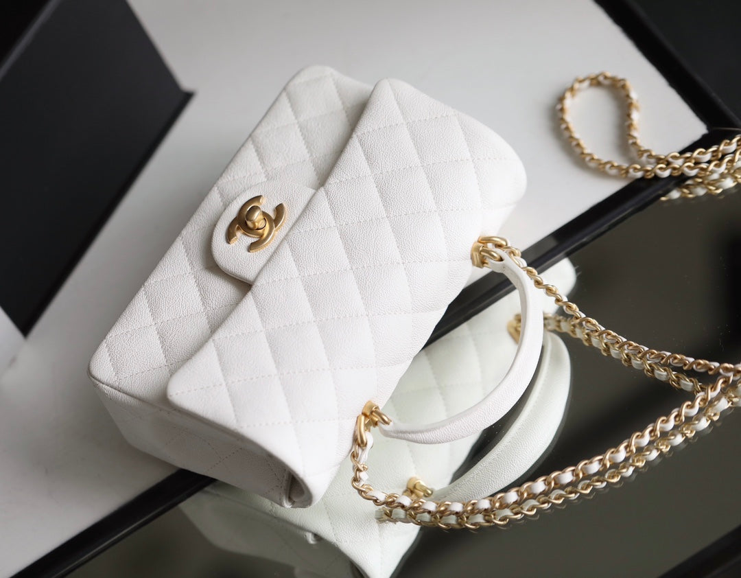 [TOP] CHANEL Classic Flap Bag Caviar Top Handle Mini 20CM - White & GHW