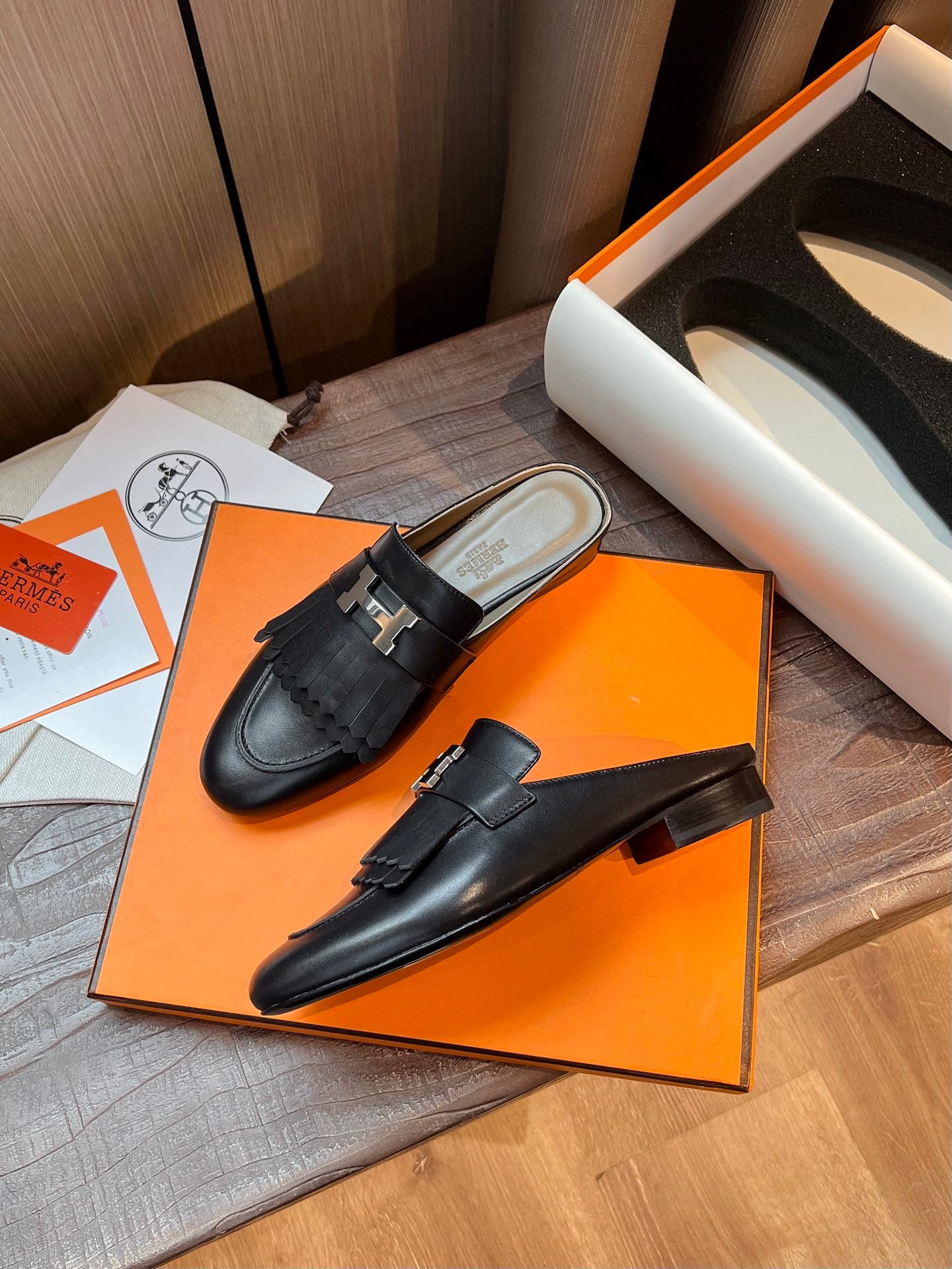 [TOP] HERMES Rivoli Mules - Black & SHW
