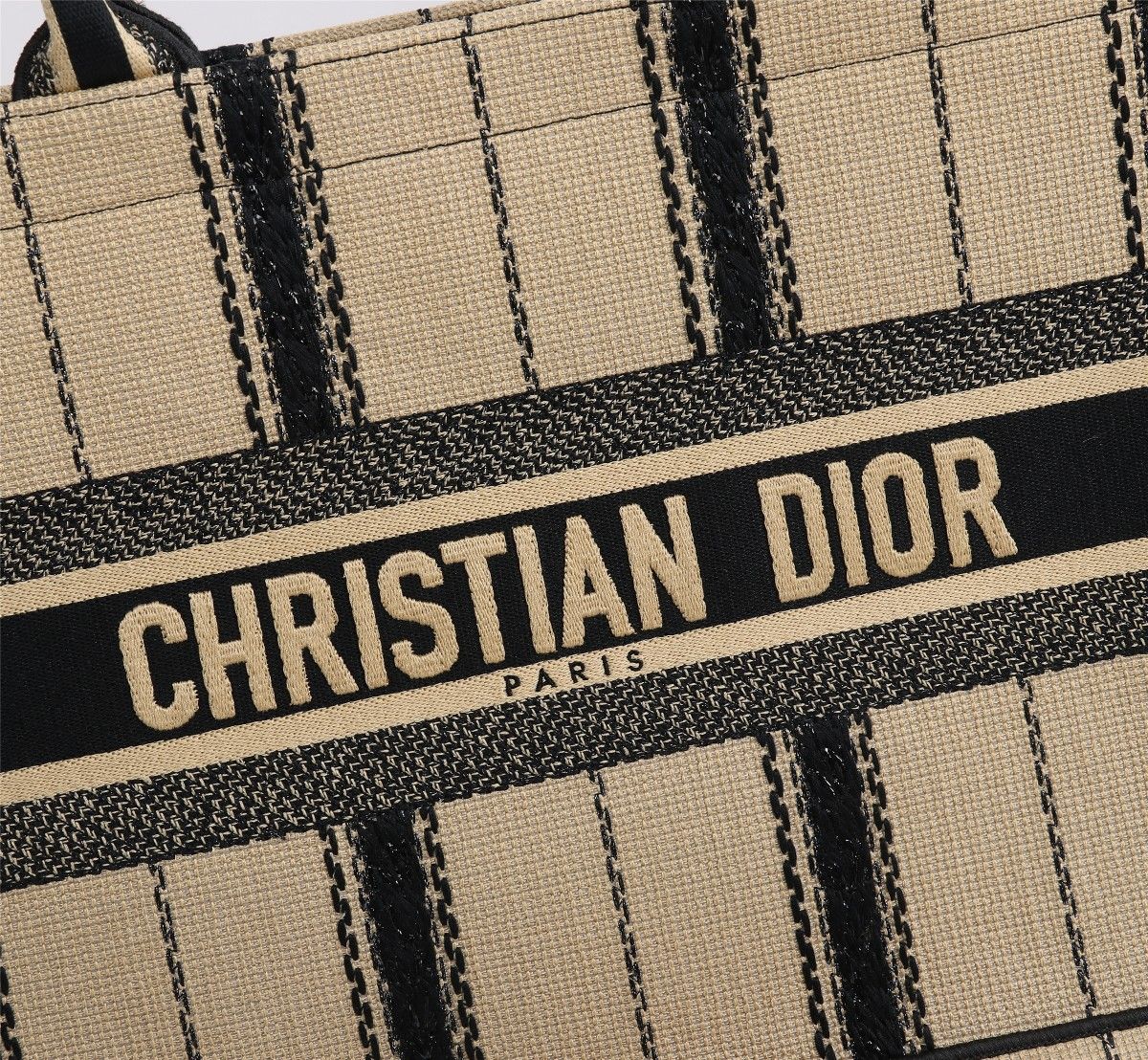 [TOP] Christian Dior Book Tote Bag Canvas Embroidered Bayadere Small 36cm - Black Beige