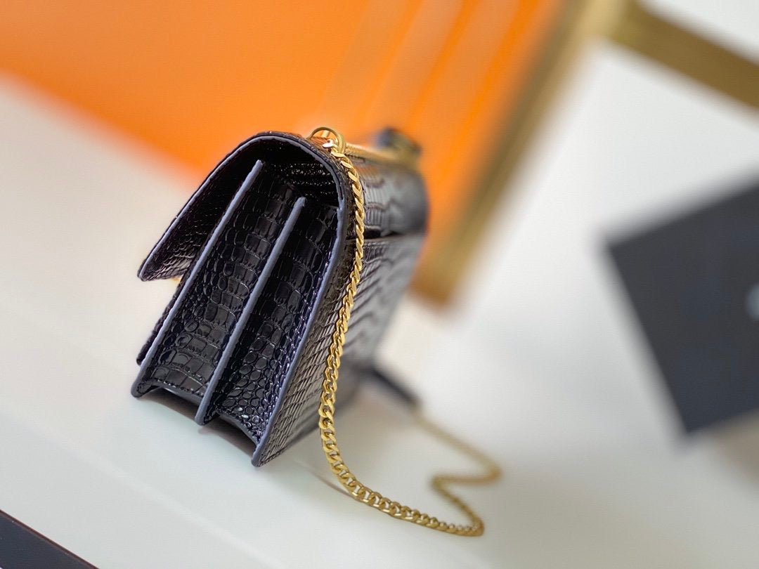 [TOP] Yves Saint Laurent YSL Small Monogram Sunset Croc Embossed Leather Bag - Black w GHW