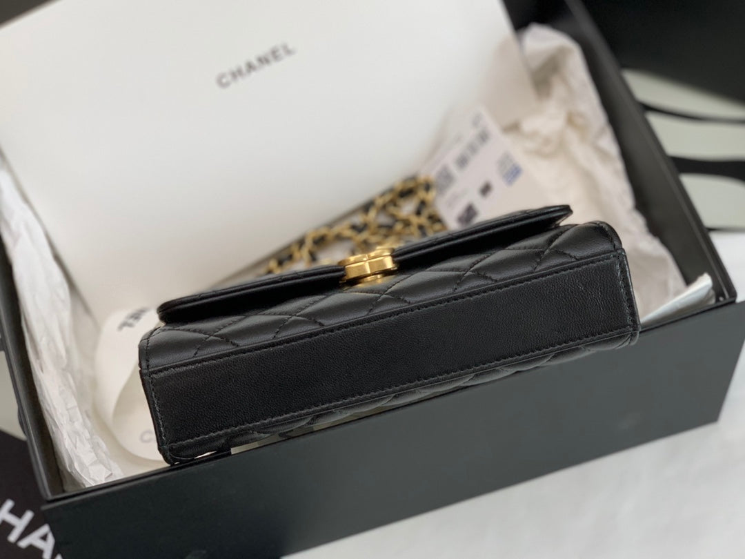 [TOP] CHANEL Flap Phone Holder Chain Bag w Enamel Top Handle - Black