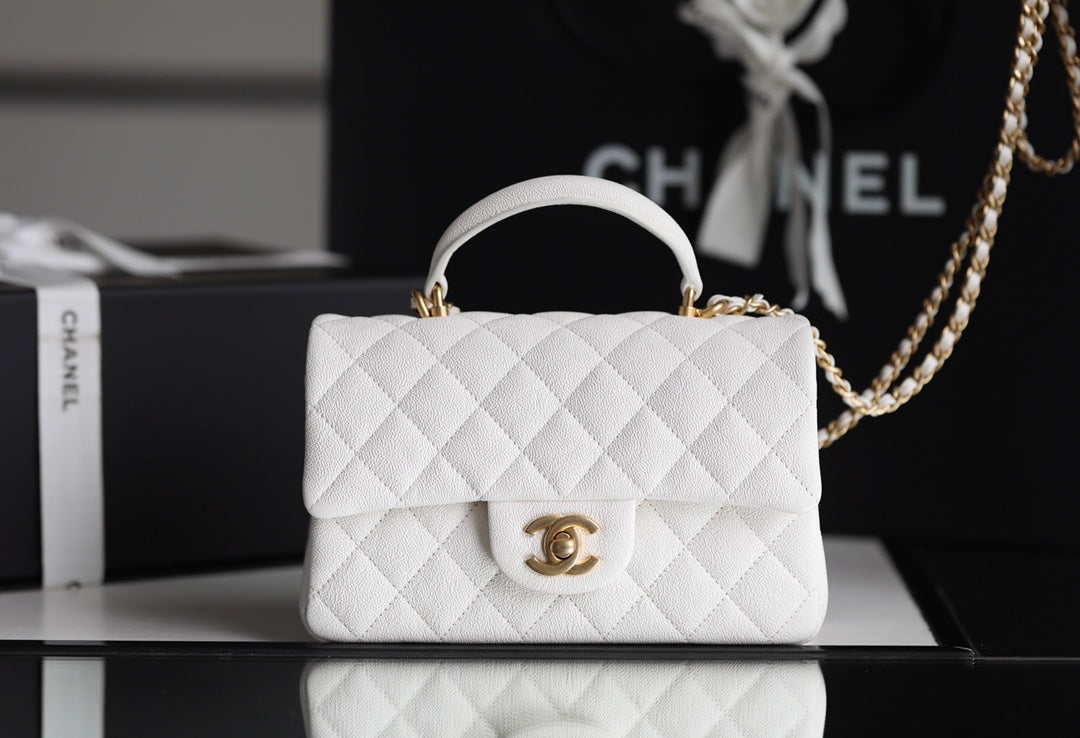 [TOP] CHANEL Classic Flap Bag Caviar Top Handle Mini 20CM - White & GHW