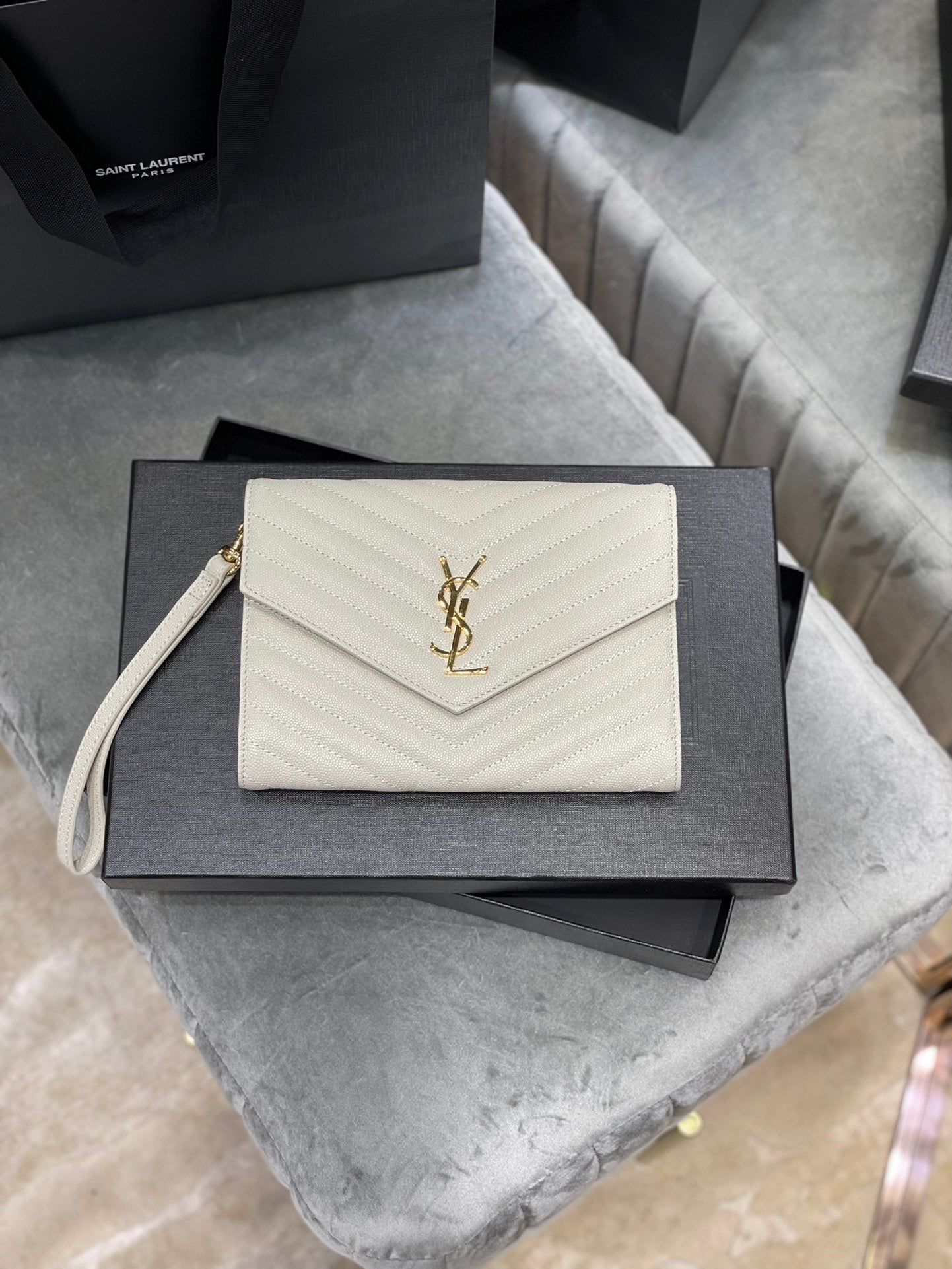 [TOP] Yves Saint Laurent YSL Monogram Clutch Embossed Leather - White
