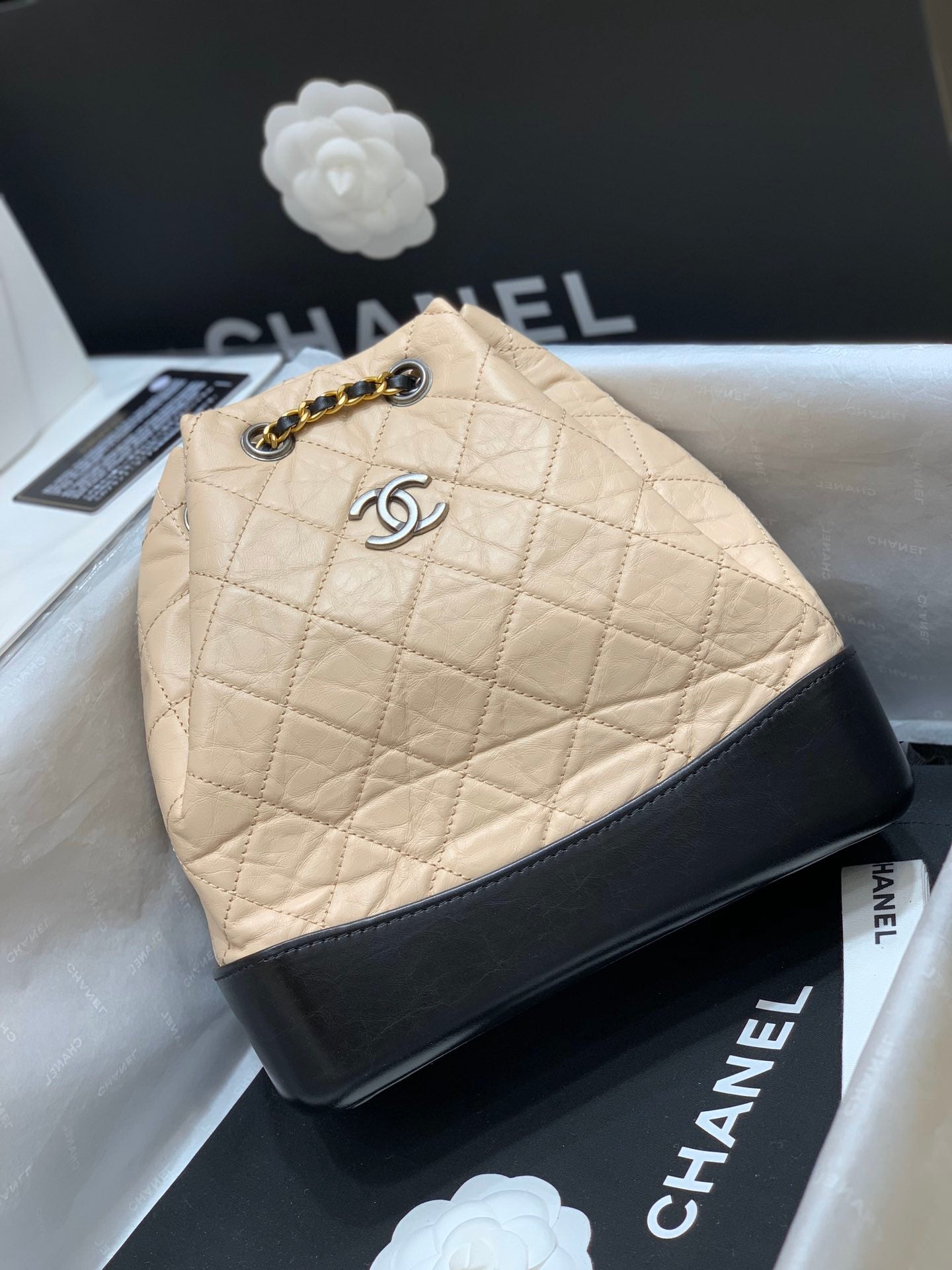[TOP] CHANEL Gabrielle Backpack Quilted Small 24x23x11.5cm - Beige