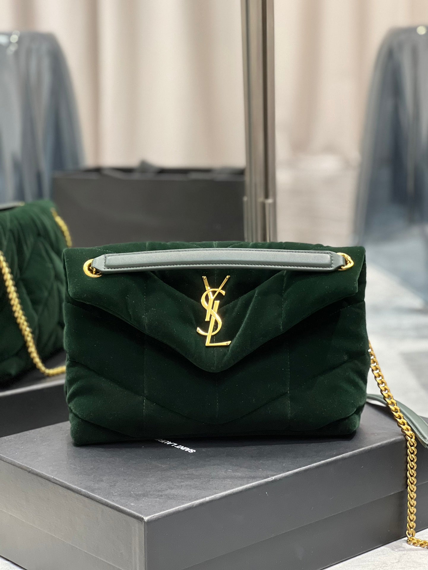 [TOP] Yves Saint Laurent YSL Loulou Puffer Suede Small Bag - Dark Green