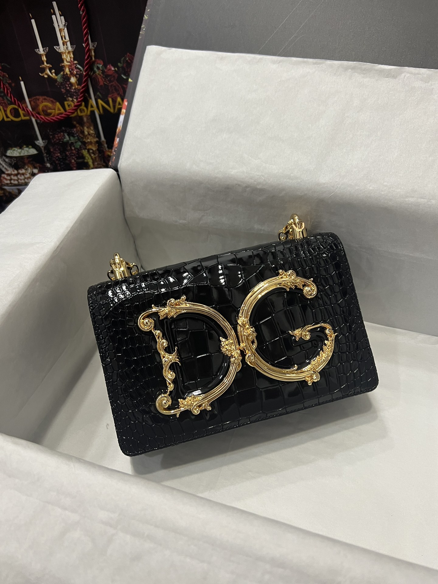 [TOP] Dolce & Gabbana D&G Crocodile-print Calfskin DG Girls Bag 21*4*15 - Black