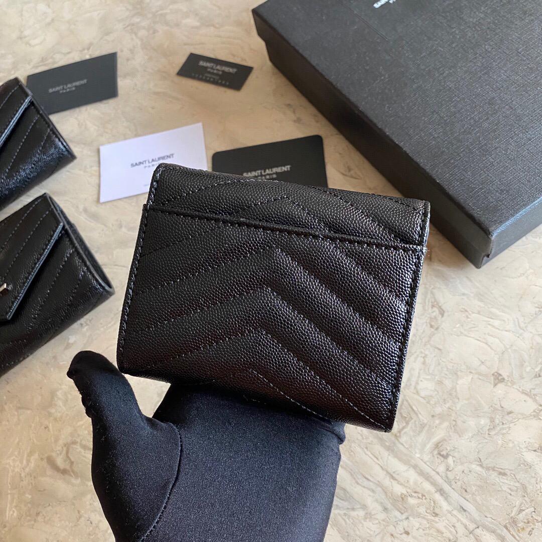 [TOP] Yves Saint Laurent YSL Trifold Wallet Caviar Leather - Black on Black
