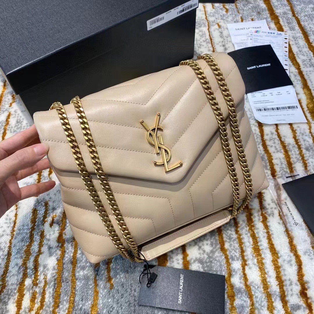 [TOP] Yves Saint Laurent YSL Lou Lou Bag Small 25cm - Beige & GHW
