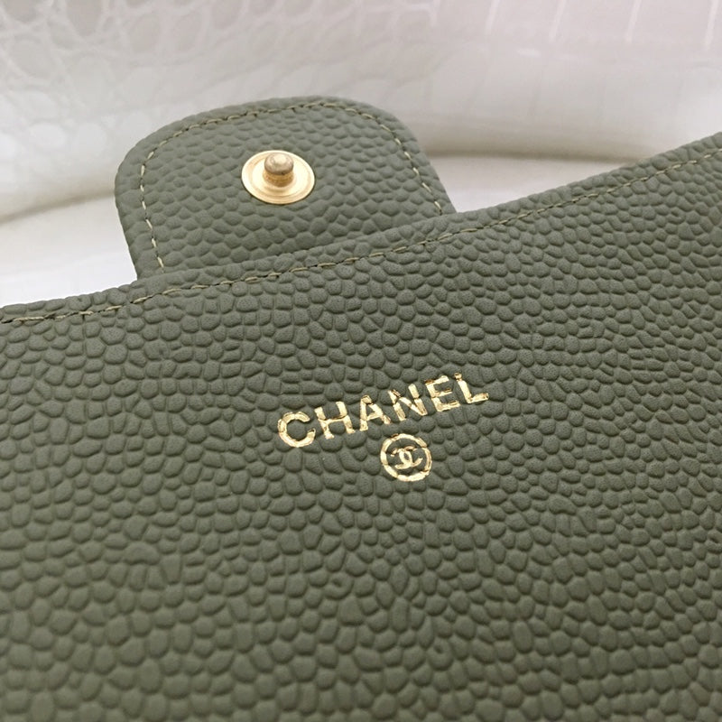 [TOP] CHANEL Long Folding Caviar Wallet - Dark Green