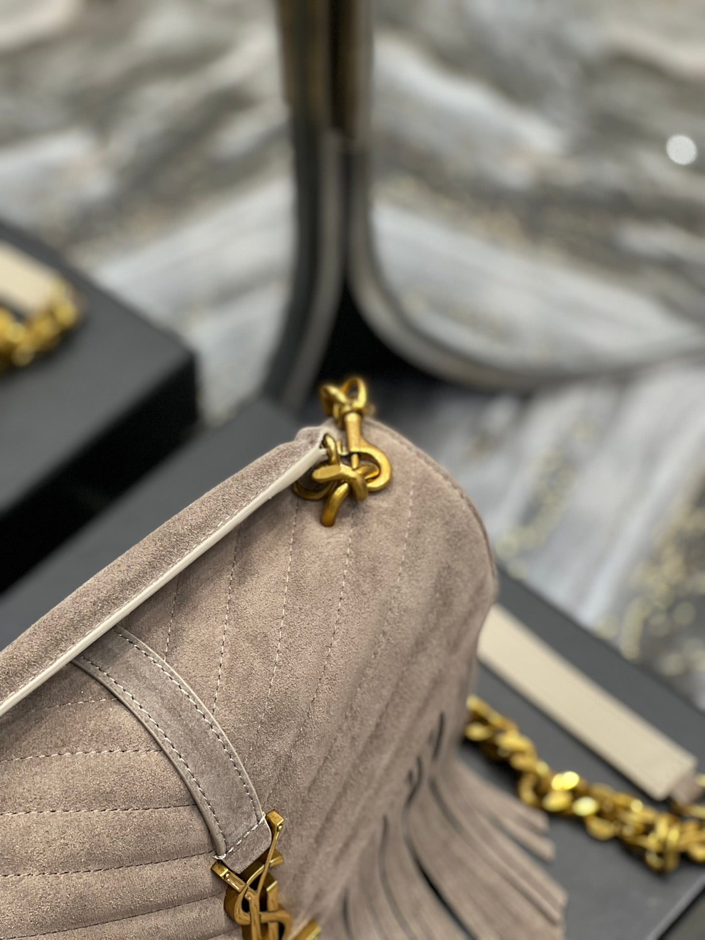 [TOP] Yves Saint Laurent YSL College Fringe Suede Small Bag - Dusty Grey GHW