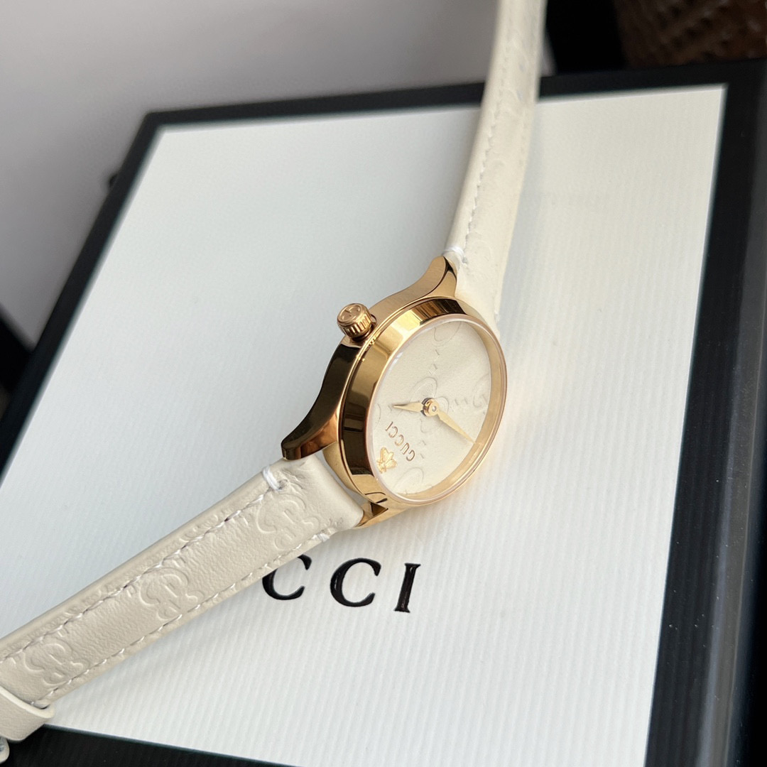 [TOP] GUCCI G-Timeless Lady Watch Leather 28mm - White & GOLD