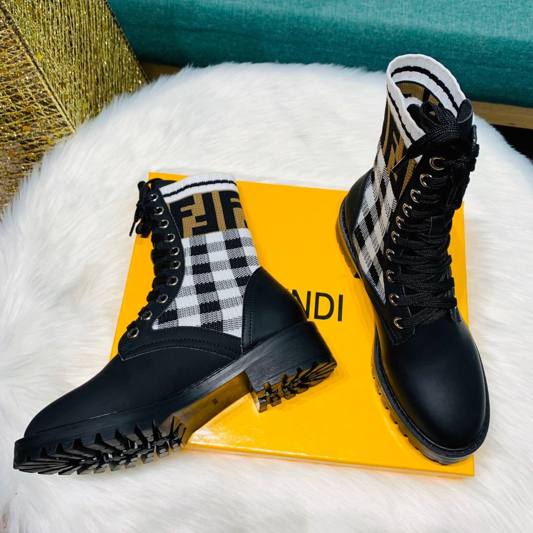 [TOP] FENDI Gingham Sock Lace Up Boots - Black and White Checkers