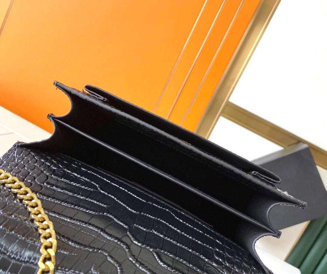 [TOP] Yves Saint Laurent YSL Small Monogram Sunset Croc Embossed Leather Bag - Black w GHW