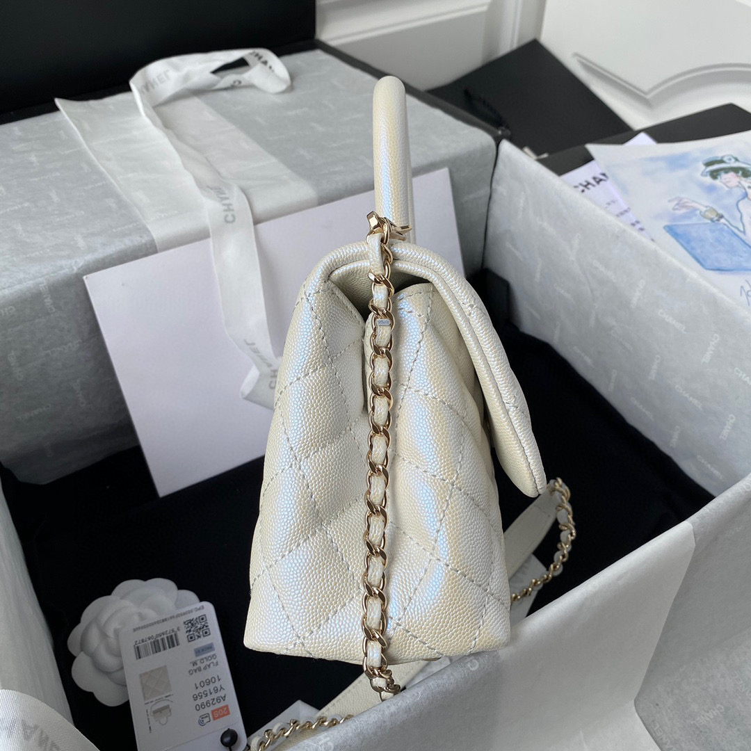 [TOP] CHANEL CoCo Handle Bag Carviar Medium 23cm - Pearl White & GHW