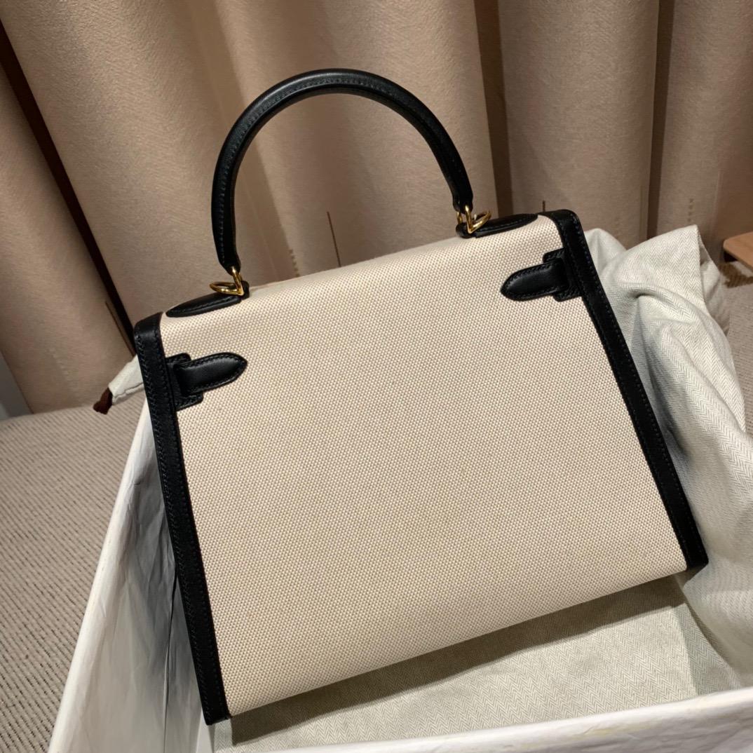 [TOP] HERMES Kelly 28cm Swift/Toile H 89 Black Gold Buckle Canvas