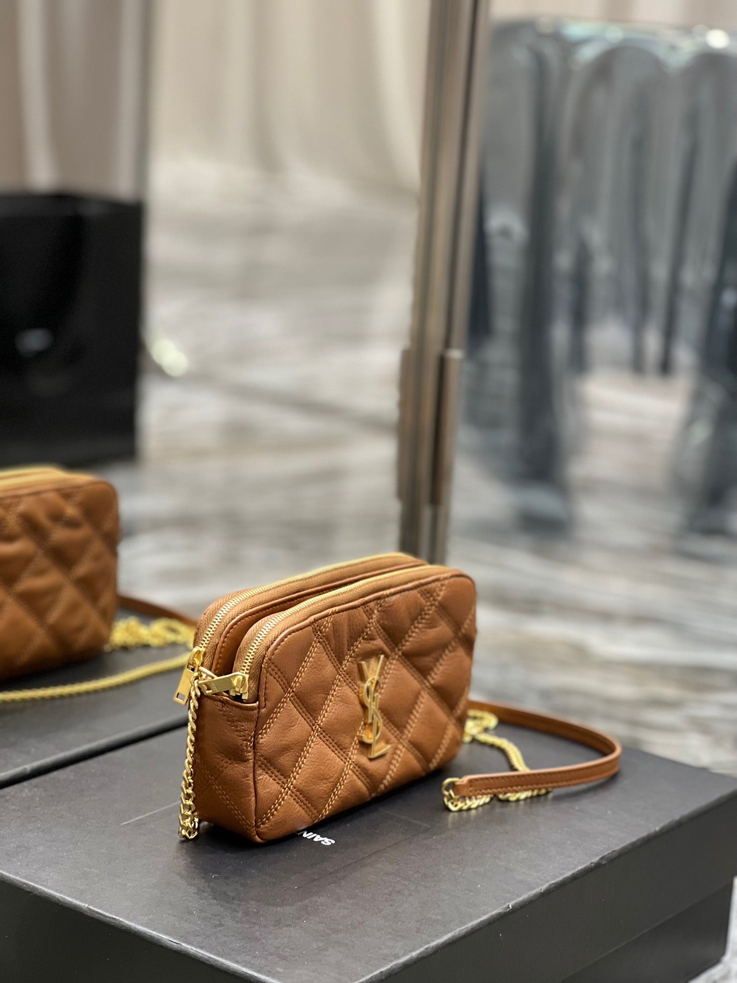 [TOP] Yves Saint Laurent YSL Beckly Double Zip Pouch Bag - Brown