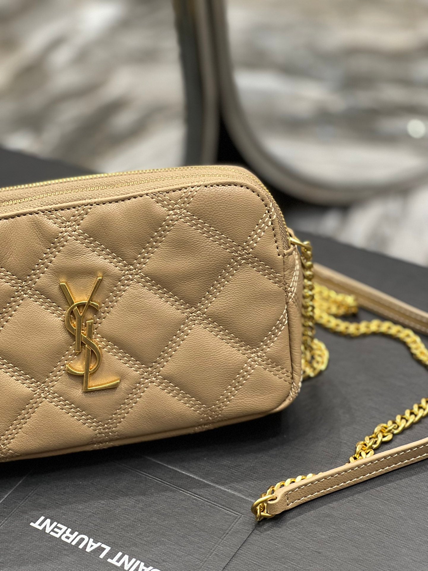 [TOP] Yves Saint Laurent YSL Beckly Double Zip Pouch Bag - Beige GHW