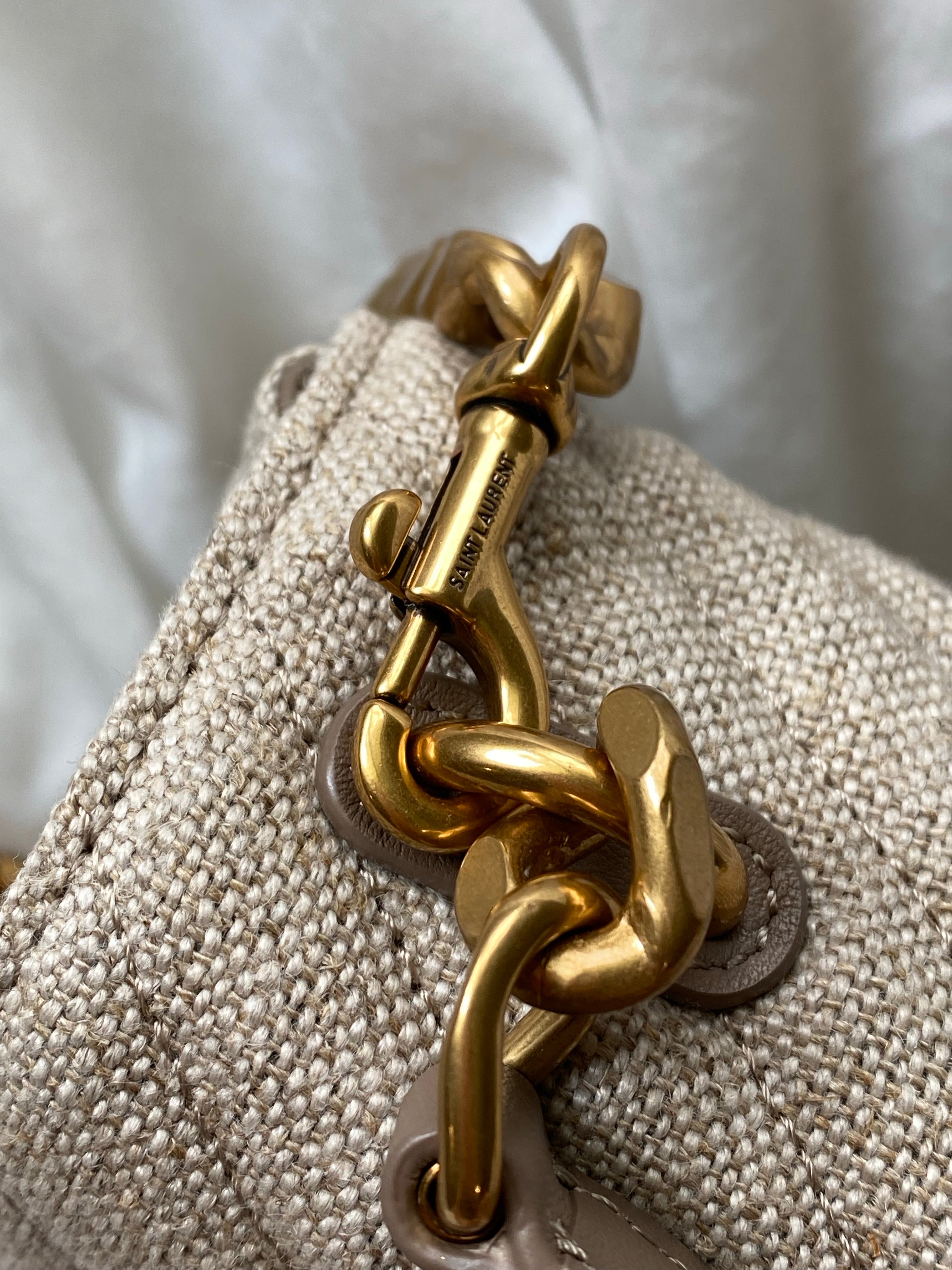 [TOP] Yves Saint Laurent YSL College Quilted Canvas Bag - Natural Taupe