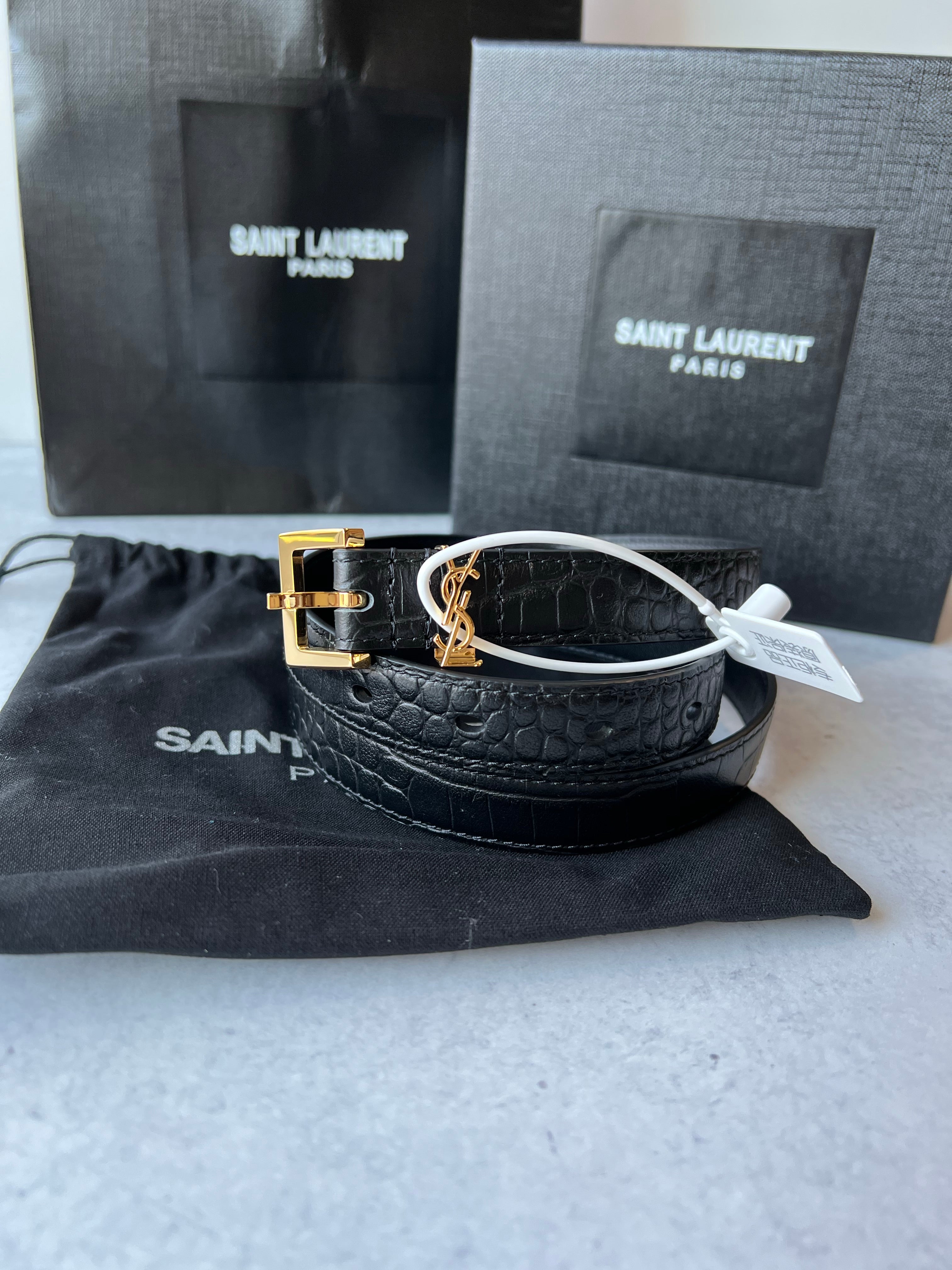 [TOP] Yves Saint Laurent YSL Monogram Logo Croc Thin Belt - Black w GHW