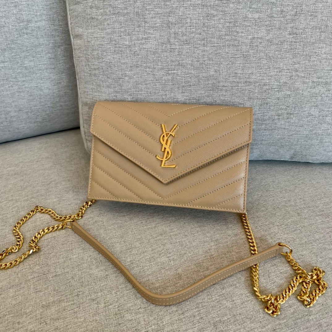 [TOP] Yves Saint Laurent YSL Envelope Chain Wallet Grain Leather - Beige