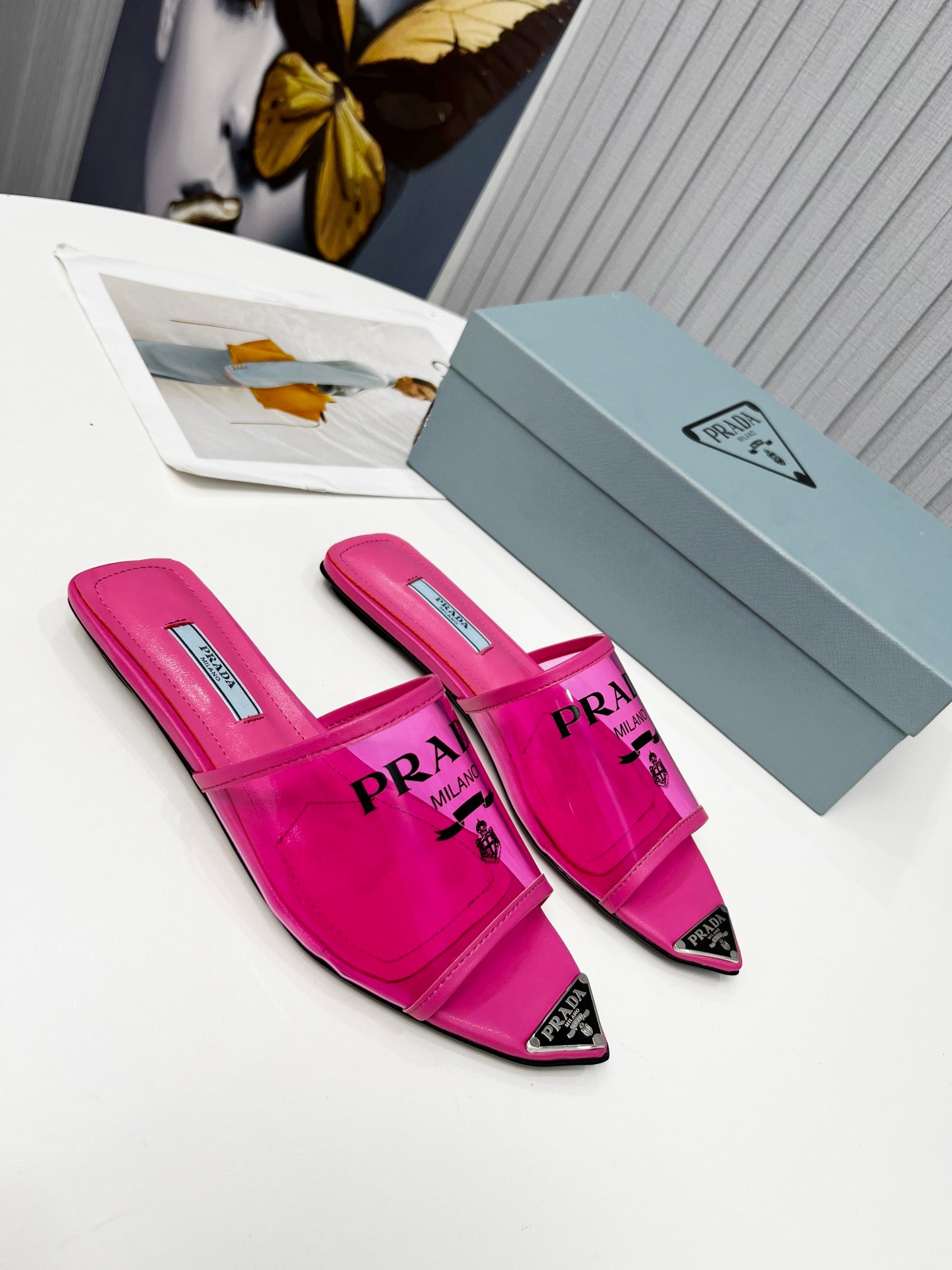 [TOP] PRADA Logo-print Plexiglas Slides - Hot Pink