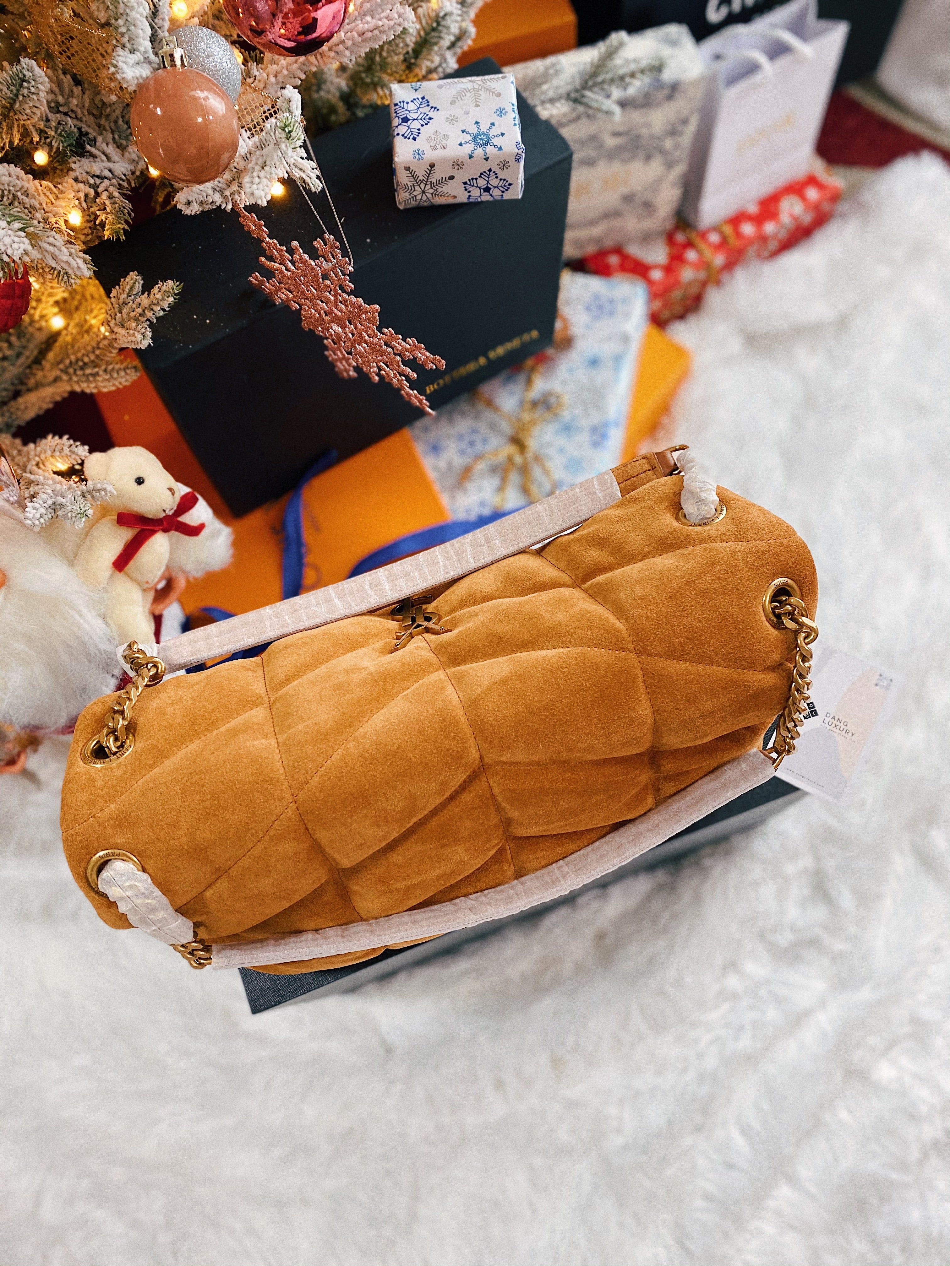 [TOP] Yves Saint Laurent YSL YSL LouLou Puffer Medium Suede Leather 35X23X13.5cm - BROWN