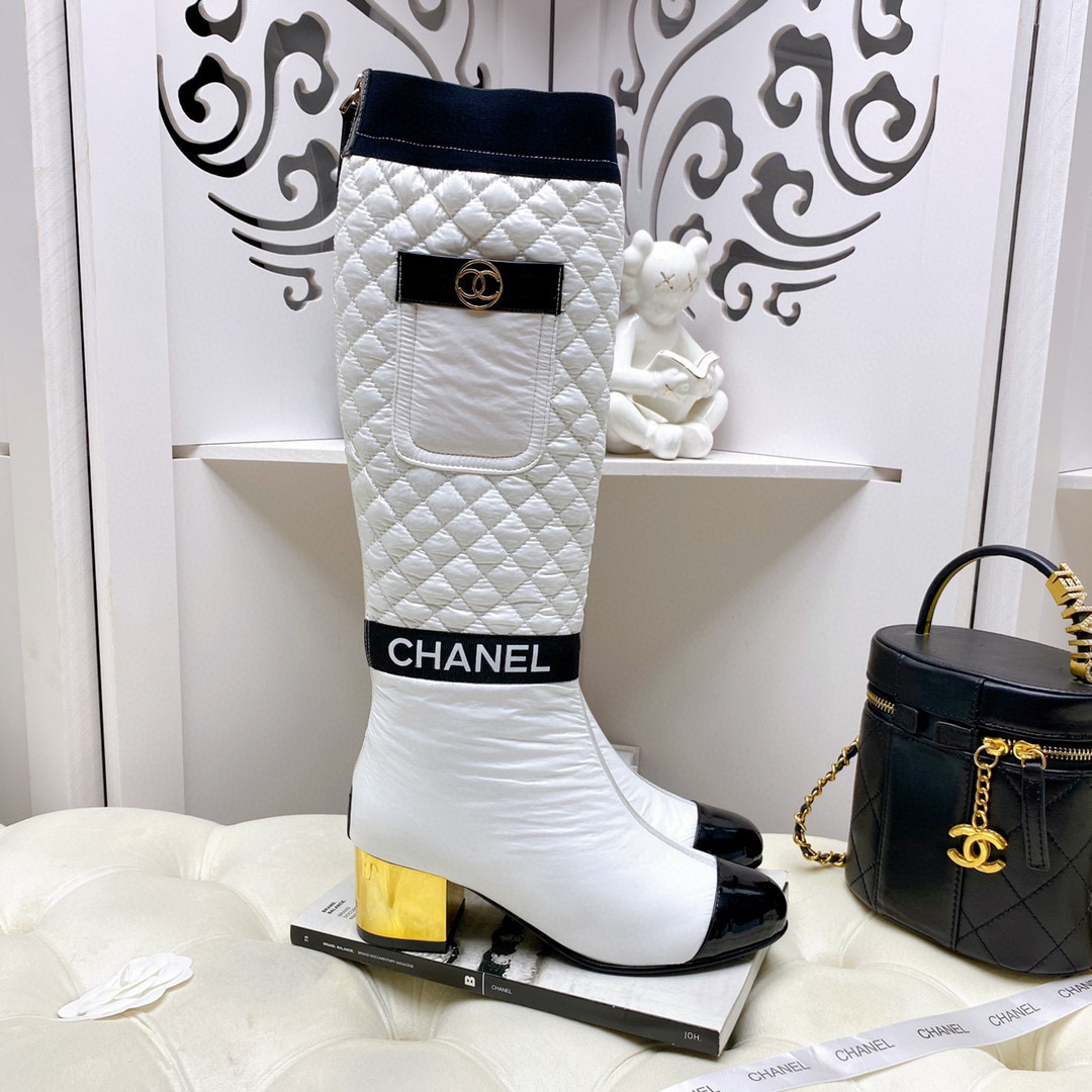 [TOP] CHANEL Lambskin Boots 5cm Heels - white/Black/Beige