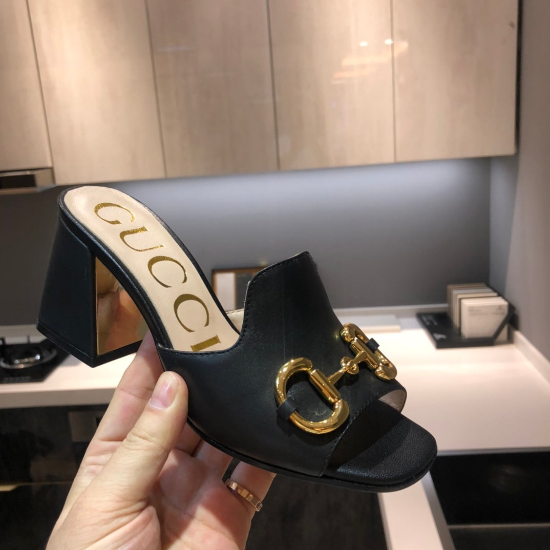 [TOP] GUCCI G*G Horsebit Slide Sandal Block Heels - Black