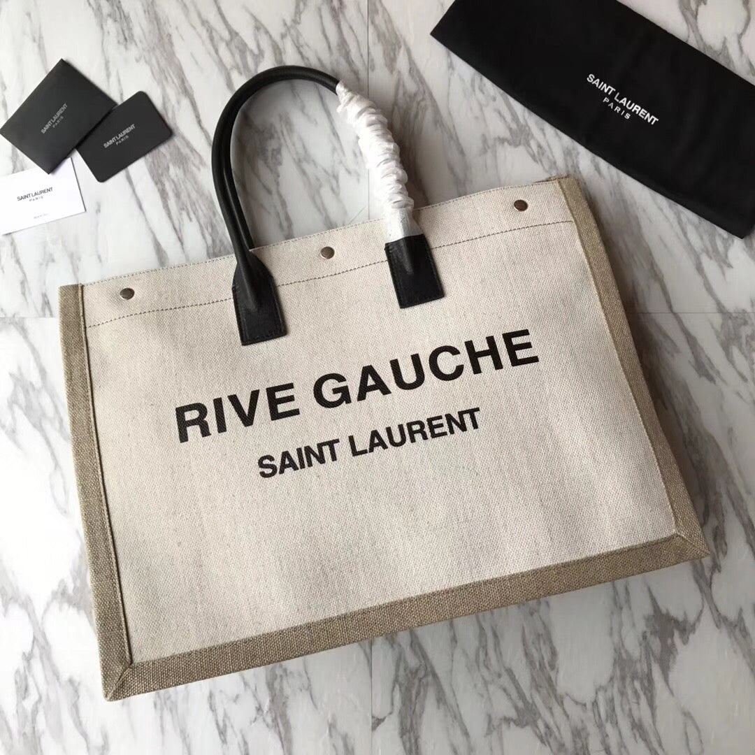 [TOP] Yves Saint Laurent YSL Rive Gauche Canvas Tote Bag - Tan