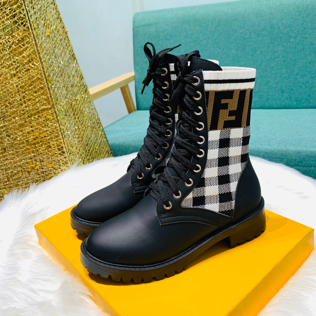 [TOP] FENDI Gingham Sock Lace Up Boots - Black and White Checkers
