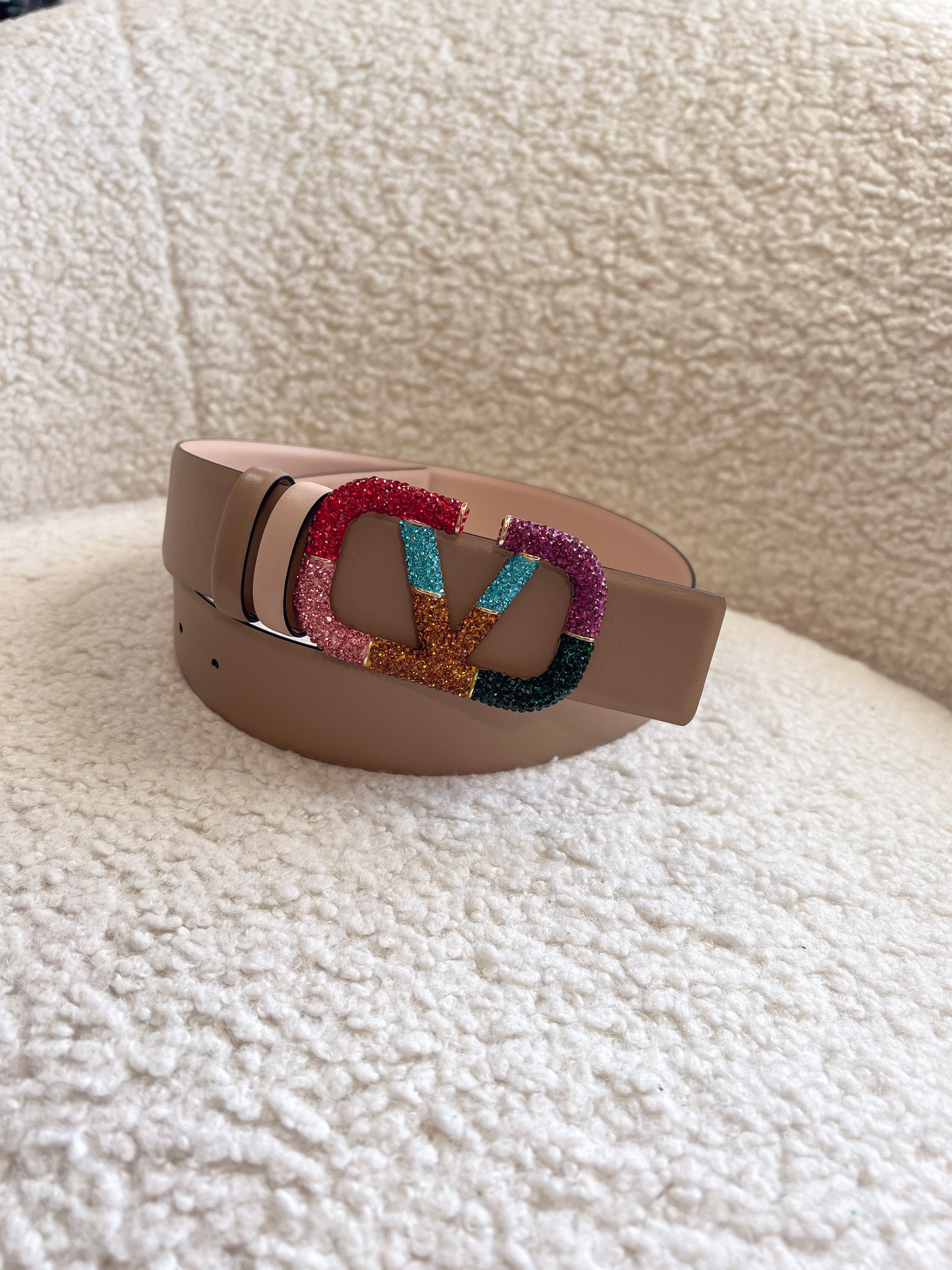 [TOP] VALENTINO  VLOGO Reversible Jewel Belt - Pink/Tan