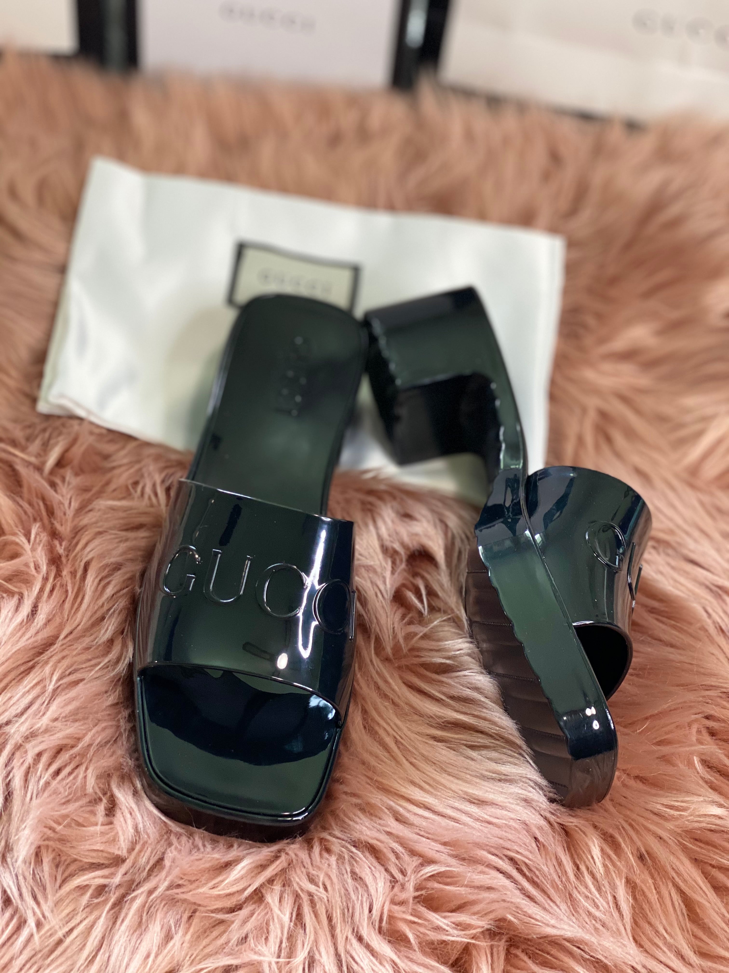 [TOP] GUCCI GG Logo Embossed Rubber Mules - Black