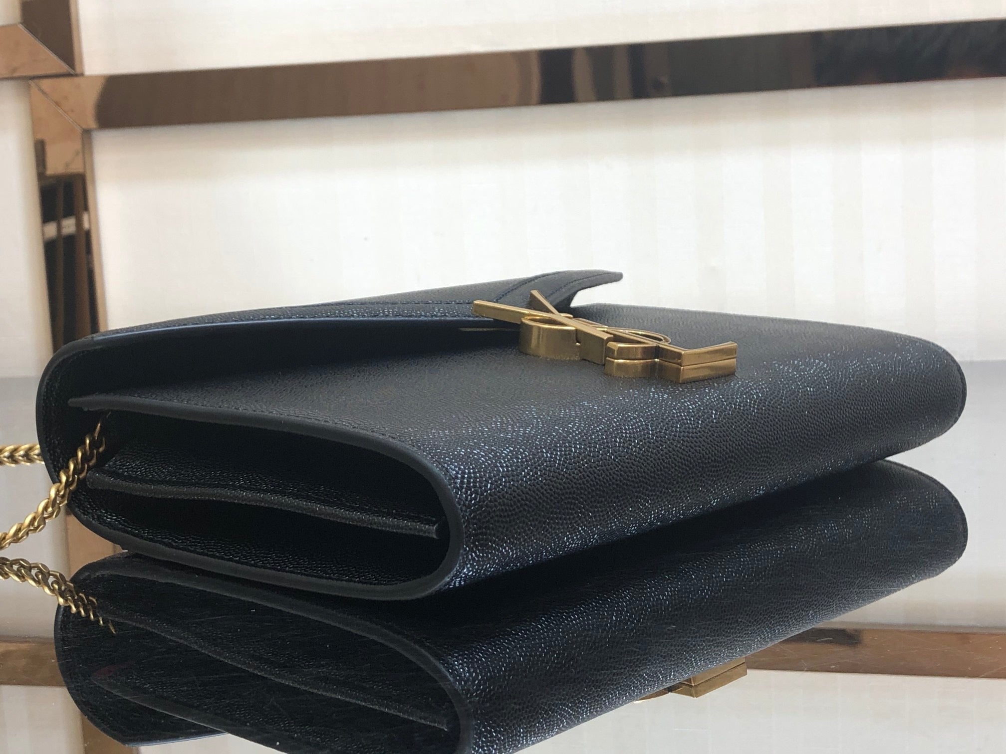 [TOP] Yves Saint Laurent YSL Cassandra Chain Wallet Grain Leather - Black