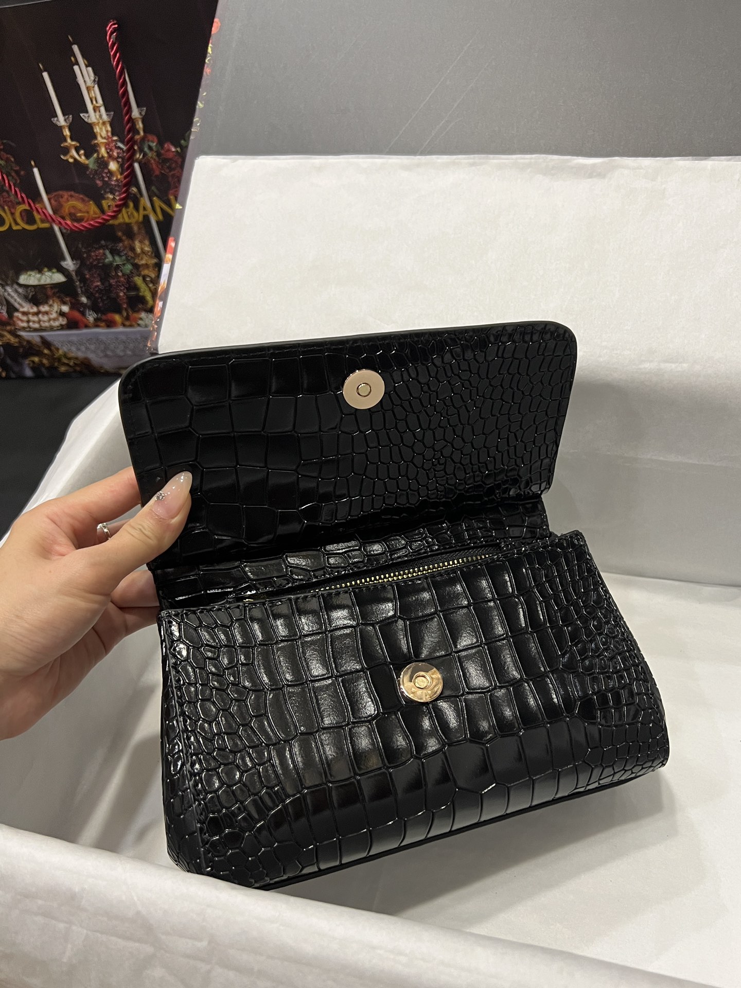 [TOP] Dolce & Gabbana D&G Crocodile-print Calfskin Handbag 20cm/25cm -  Black