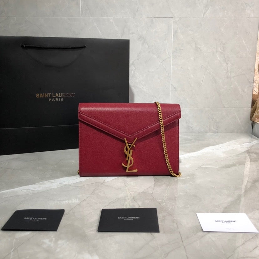 [TOP] Yves Saint Laurent YSL Cassandra Chain Wallet Grain Leather - Red