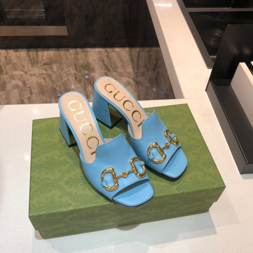[TOP] GUCCI G*G Horsebit Slide Sandal Block Heels - Blue
