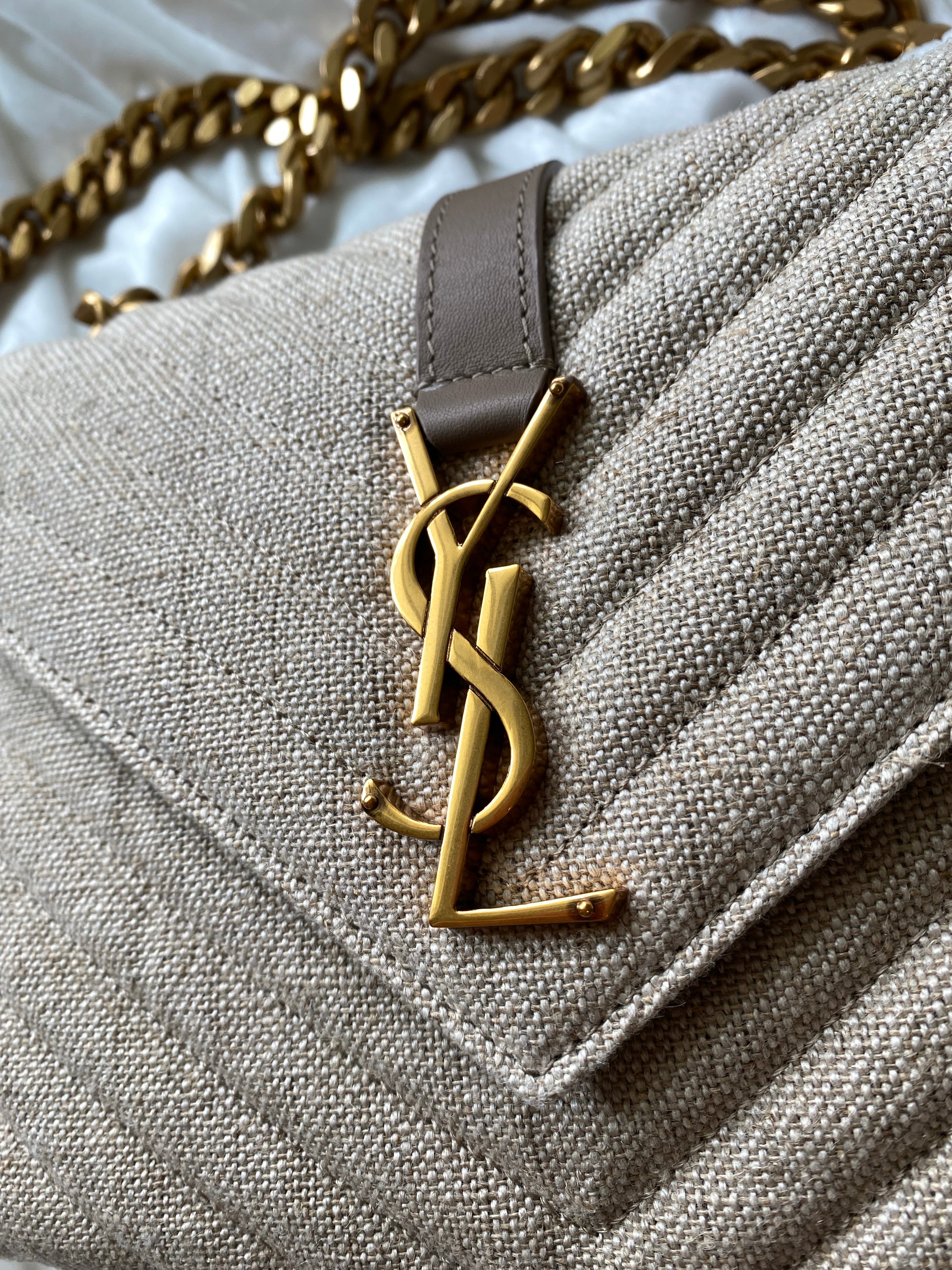 [TOP] Yves Saint Laurent YSL College Quilted Canvas Bag - Natural Taupe