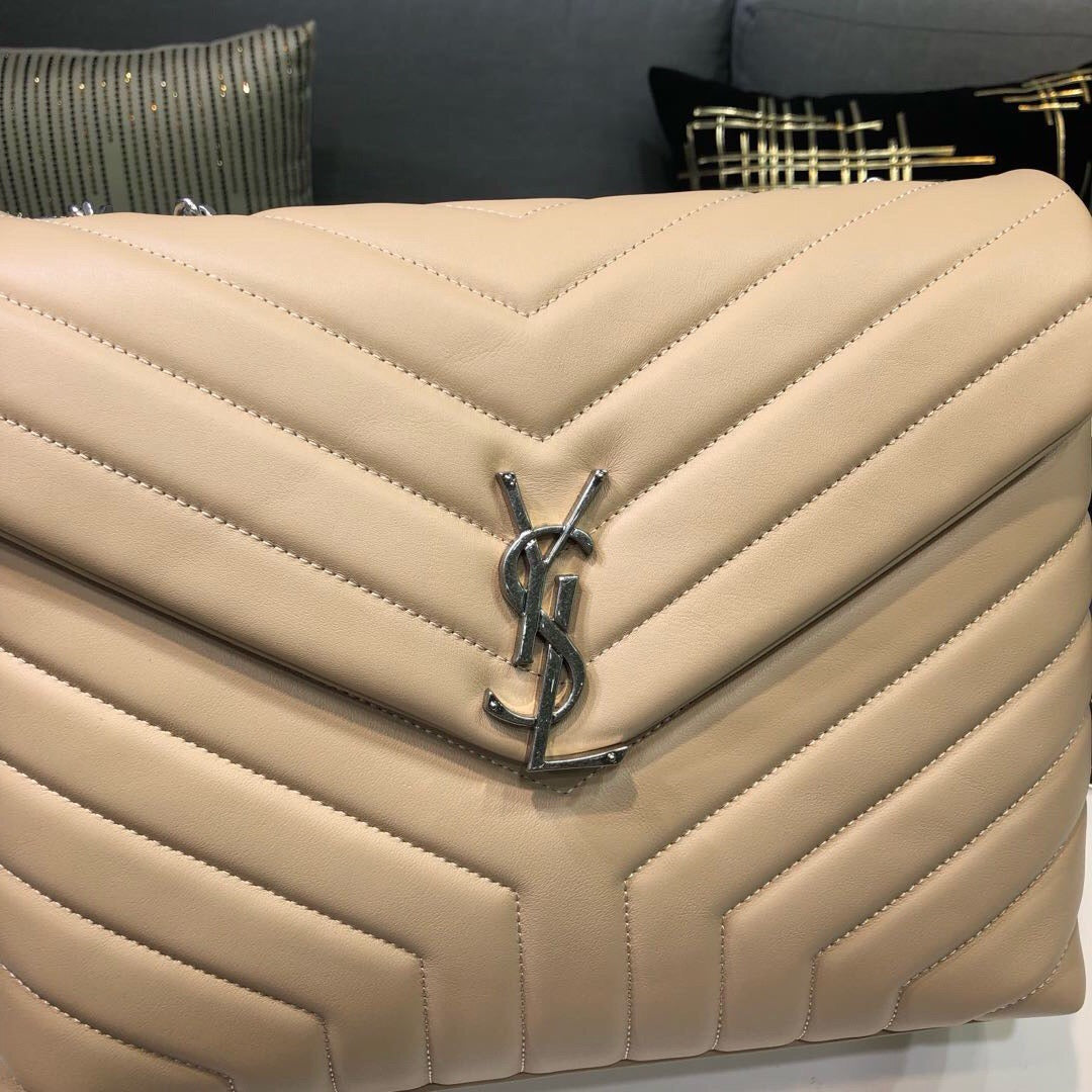 [TOP] Yves Saint Laurent YSL LouLou Bag Medium 31cm - Beige with Silver