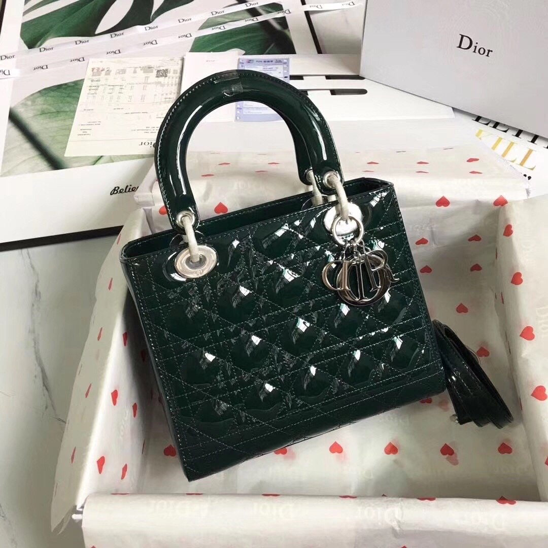[TOP] Christian Dior Lady Christian Dior Bag Patent Cannage Medium - Dark Green SHW