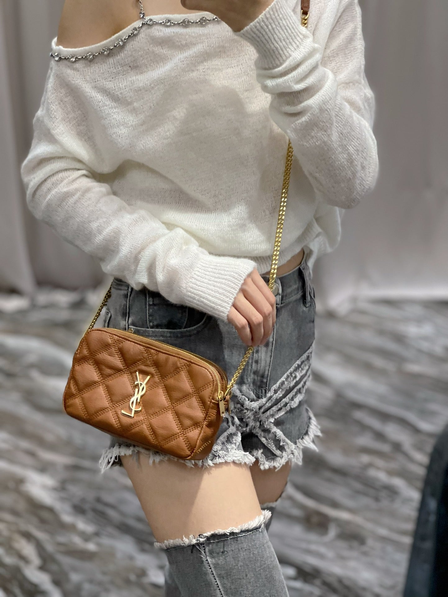 [TOP] Yves Saint Laurent YSL Beckly Double Zip Pouch Bag - Brown